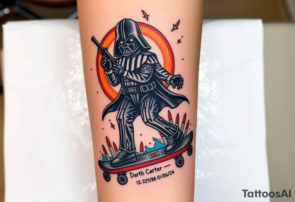 Darth Vader skateboarding with gun> bullets > memorial > god > colors > futuristic 
add name "Darth Carter" on skateboard
add date in loving memory 12/29/88-01/06/24 tattoo idea