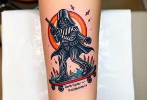 Darth Vader skateboarding with gun> bullets > memorial > god > colors > futuristic 
add name "Darth Carter" on skateboard
add date in loving memory 12/29/88-01/06/24 tattoo idea