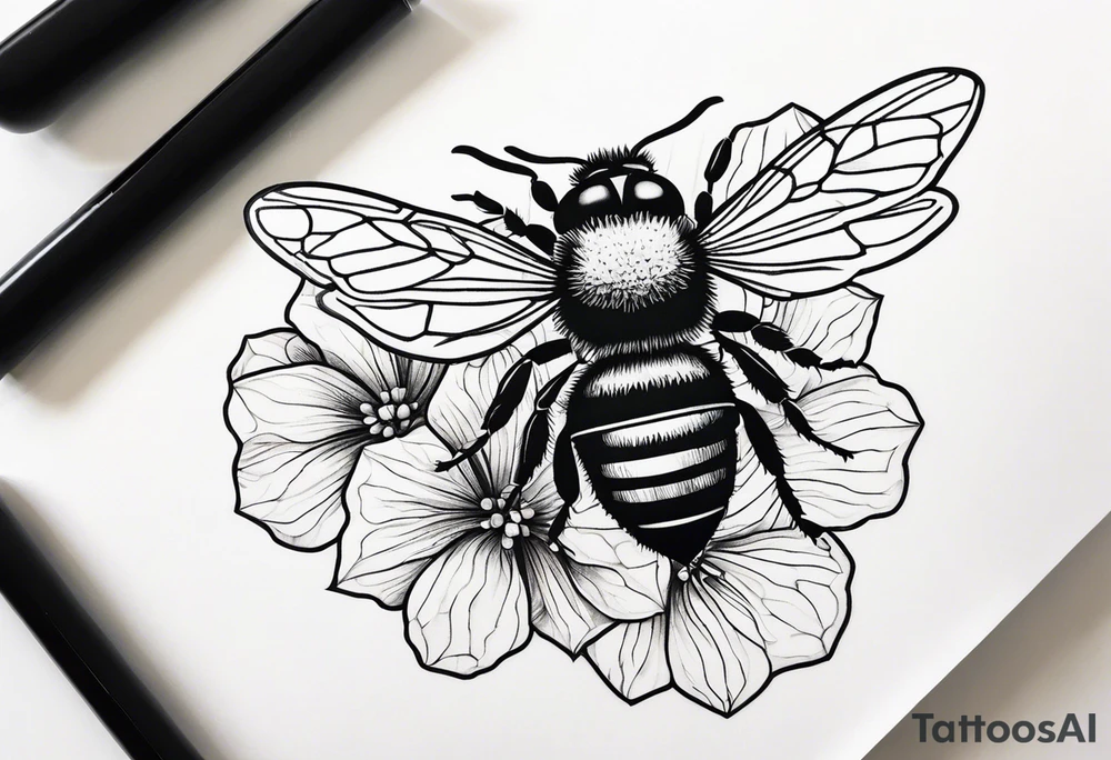 3 in by 2 in minimalist tattoo for forearm of a Hydrangea and bee tattoo idea