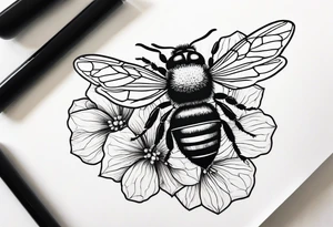 3 in by 2 in minimalist tattoo for forearm of a Hydrangea and bee tattoo idea