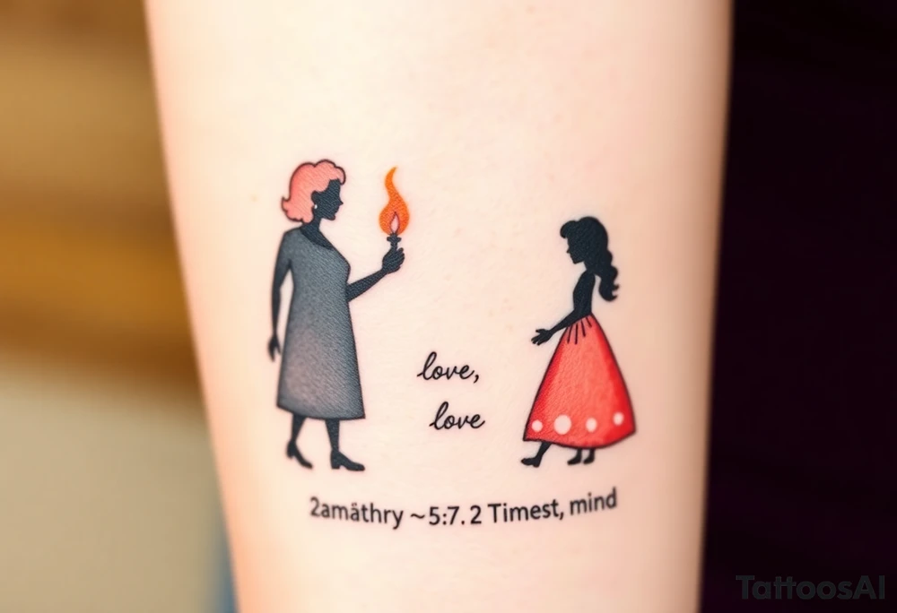 Silhouette of grandmother, mother and daughter passing a flame from oldest to youngest with the flame growing as it goes. Make the flame in watercolor motif and the silhouettes simple. Incorporate the words power, love and sound mind. Or 2 Timothy: 5-7 tattoo idea