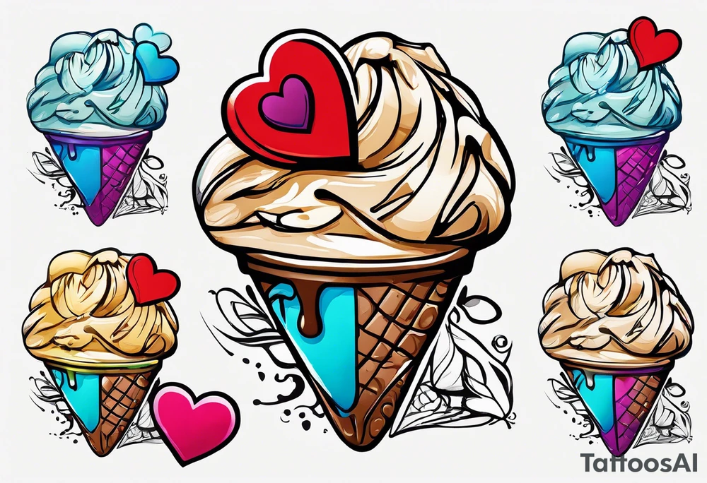 sketch chocolate chip ice cream cone with one red heart tattoo idea