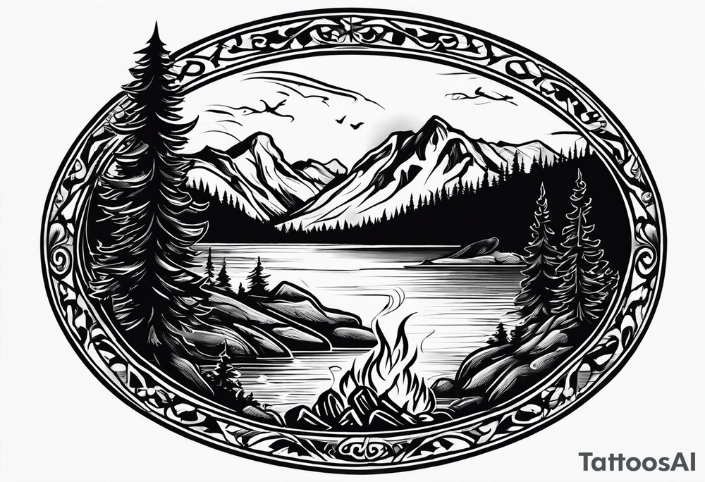 Small campfire on the coast of a mountain stream, in the back is some evergreen tall trees tattoo idea