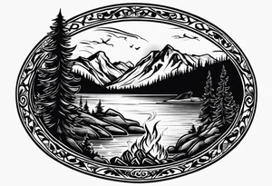 Small campfire on the coast of a mountain stream, in the back is some evergreen tall trees tattoo idea