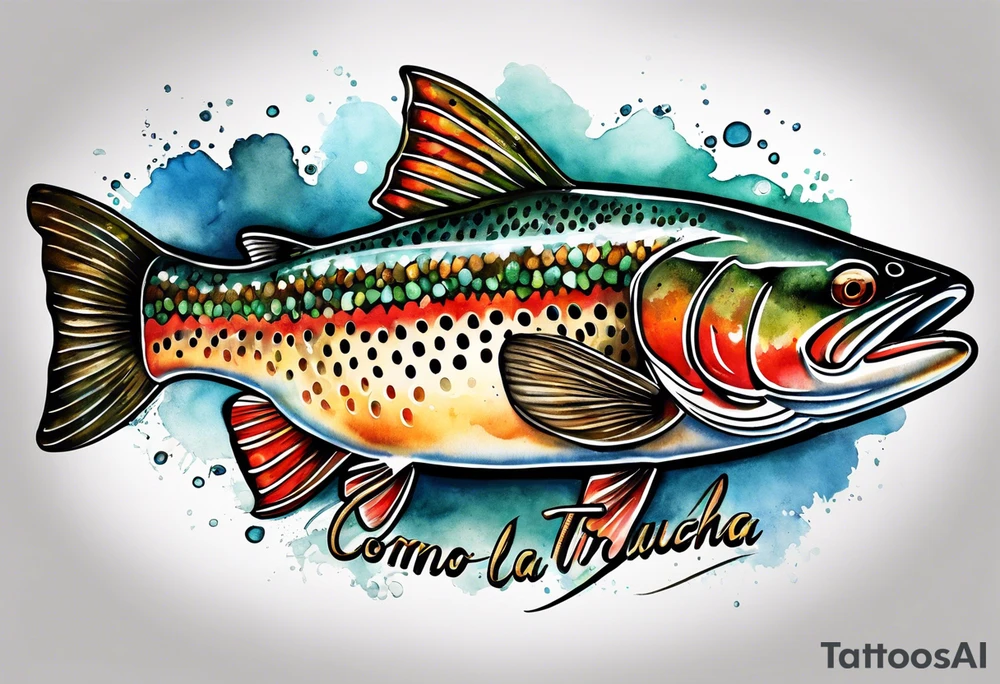 A shaded trout with text that says, 'Como la trucha...' tattoo idea
