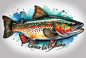 A shaded trout with text that says, 'Como la trucha...' tattoo idea
