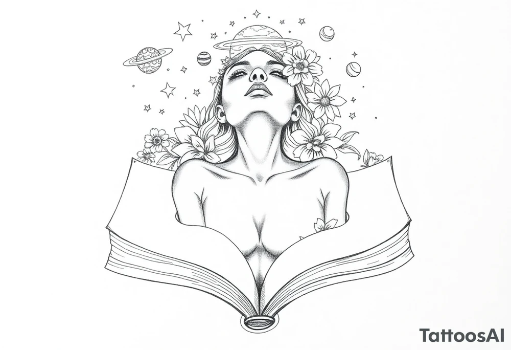 line art drawing of a womans torso coming from an open book. with stars, flowers and planets coming from her head above her nose. her arms are crossed onto her shoulders,. tattoo idea