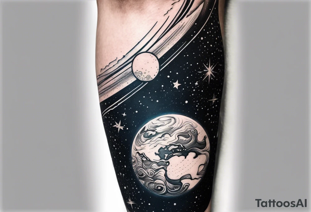 Outer space themed calf sleeve tattoo incorporating the quote, "Made for another world" tattoo idea