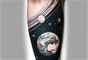 Outer space themed calf sleeve tattoo incorporating the quote, "Made for another world" tattoo idea