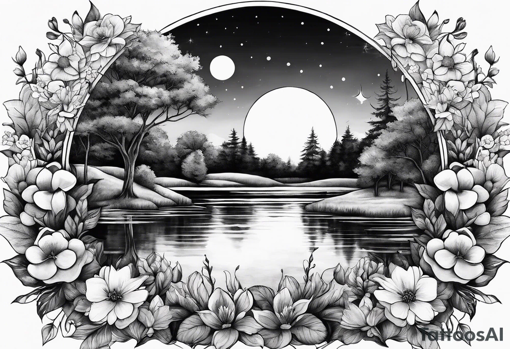 Secret, hidden garden, flowers, lake , moon tattoo idea