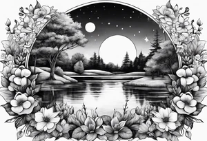 Secret, hidden garden, flowers, lake , moon tattoo idea
