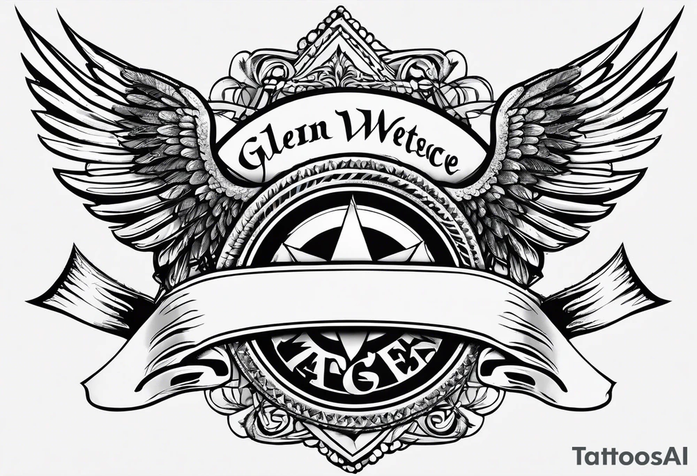 Simple tattoo with the word Glenn on a banner and angel wings tattoo idea