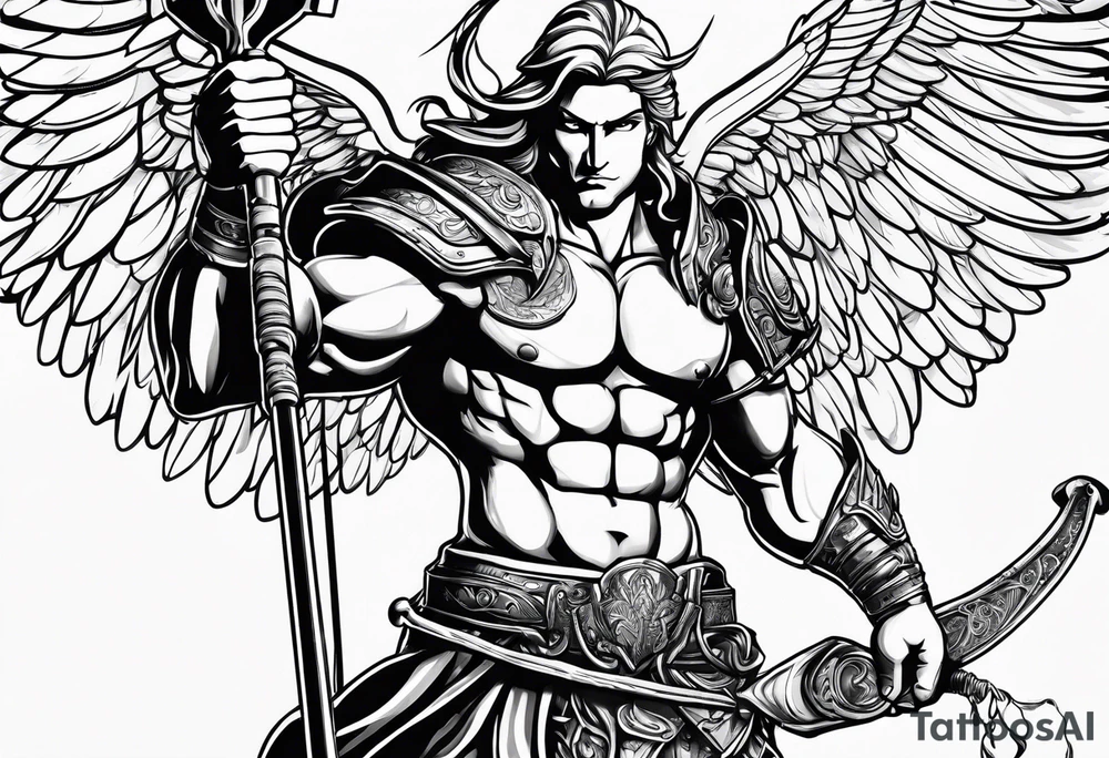 ares figure, angel, fishing rod tattoo idea