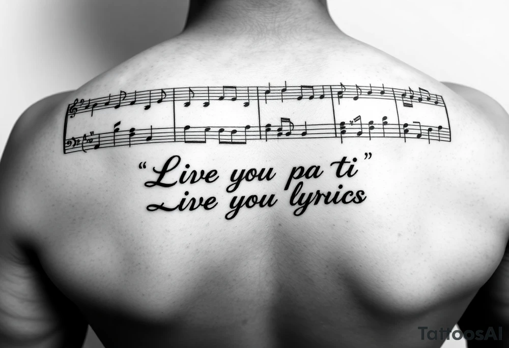 sheet music from the beginning of Santana's song  Samba Pa Ti with the phrase "Live Your Lyrics"  in Fancy cursive between the top and bottom Stave tattoo idea