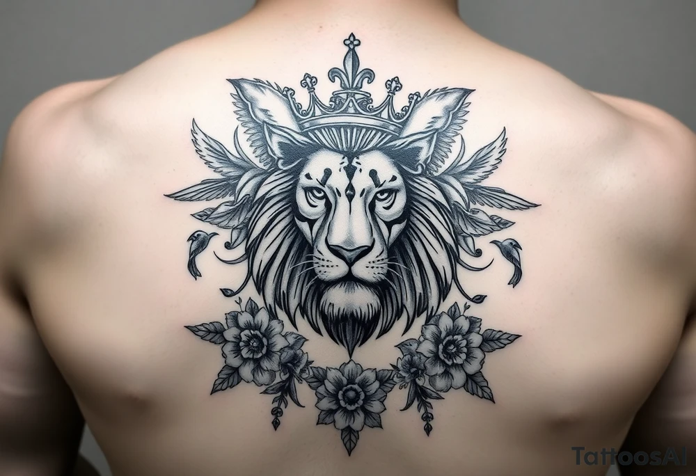 powerful majestic lion with a crown, surrounded by floral ornaments and birds tattoo idea