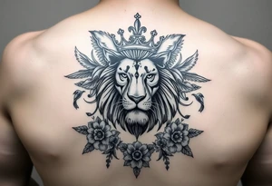 powerful majestic lion with a crown, surrounded by floral ornaments and birds tattoo idea