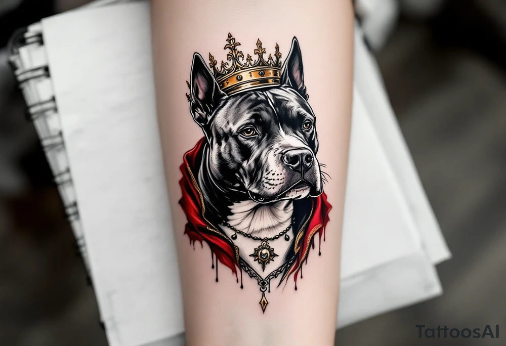 Pitbull wearing a crown, regal pose, realistic black and white with golden accents on the crown and royal red drapery. tattoo idea