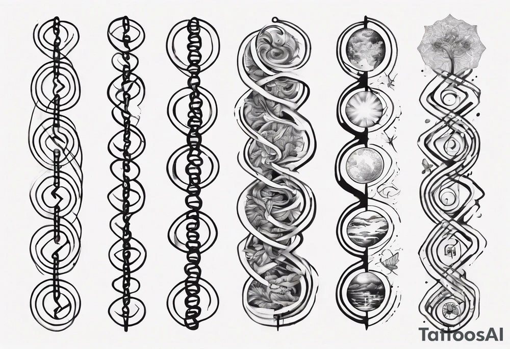 Create a tattoo that visually represents my life journey and the evolution of mindfulness. Consider life as a DNA chain, where each link symbolizes key moments of my development and consciousness. Allow the images to change and transform, reflecting the evolution of my perception and self-understanding over time tattoo idea