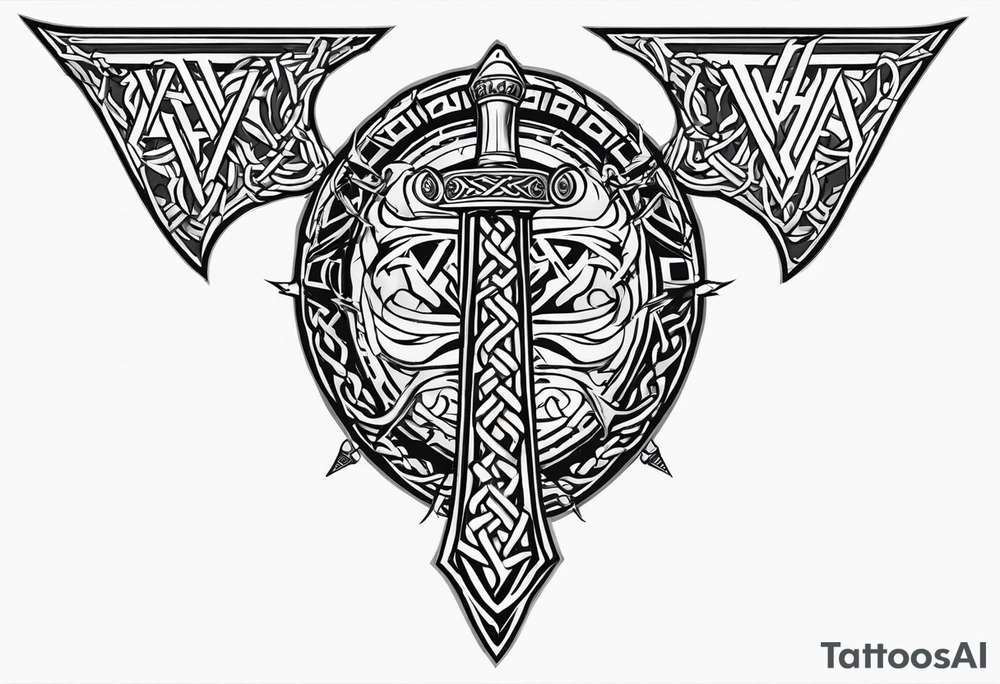 Valhalla sword shield dragon axe Valknut barbed wire chains tribal tattoo idea Valhalla sword shield dragon axe Valknut barbed wire chains tribal tattoo idea