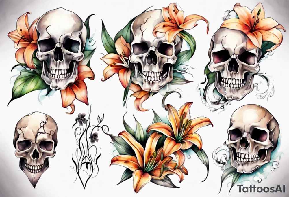 Skull and lilies tattoo idea