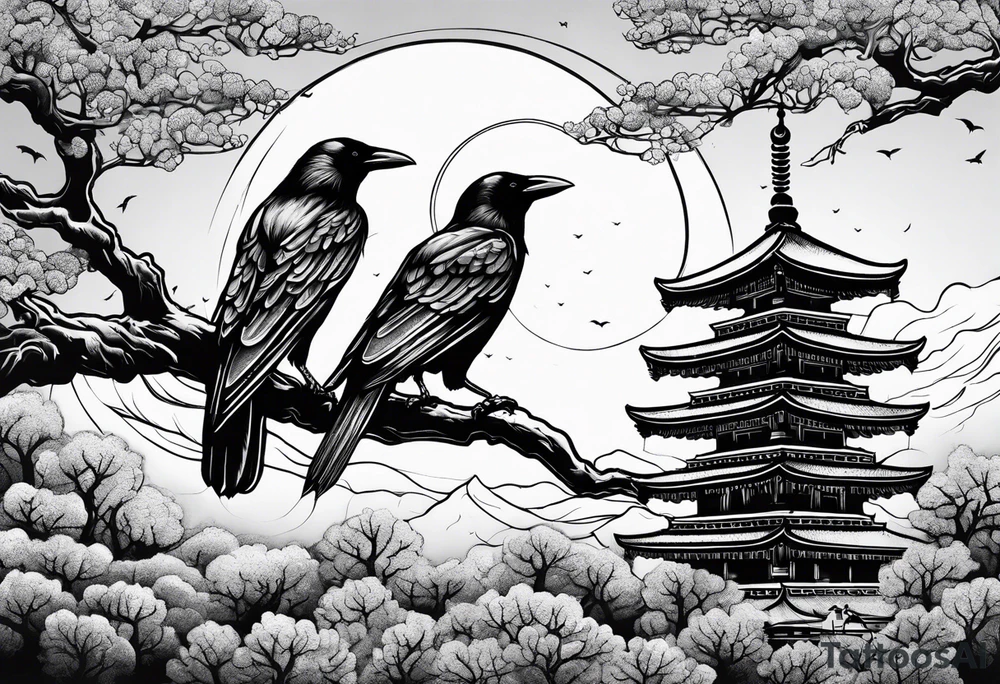 Crow moon tree Roman temple ruins tattoo idea