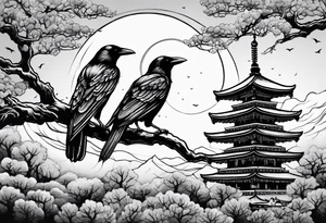 Crow moon tree Roman temple ruins tattoo idea