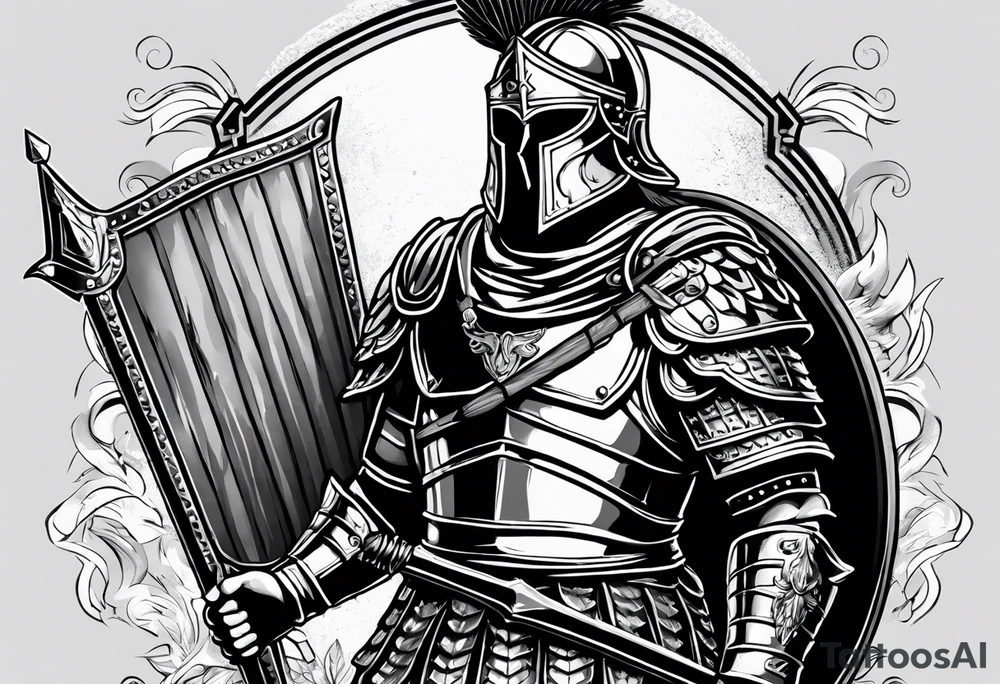 high quality black and white illustration, full body image, a strong tall roman centurion, wearing armour, wearing a belt, wearing a metal breastplate, holding a large shield, wearing a helmet, holding a sword. Flaming arrows are being fired at the centurion, he is blocking the arrows with his shield tattoo idea