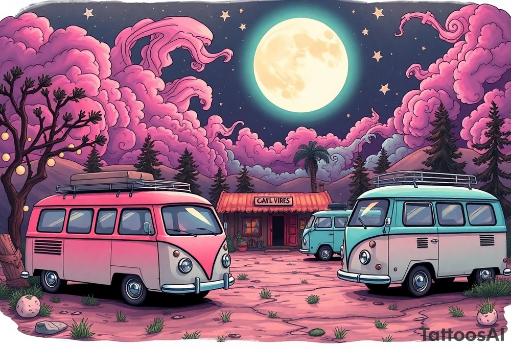 Tim Burton’s hippie commune outside view has lots of cute pastel volkswagon vans and cars  and dripping with muted reds, dusty pinks, and eerie green glow purple and cyan smokey clouds swirl and dance in the moonlit night sky filled with twinkling stars  tattoo idea tattoo idea
