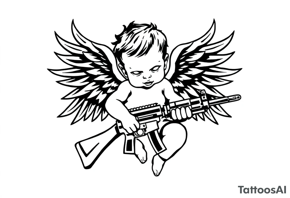 a baby angel with wings holding an Ak-47 tattoo idea