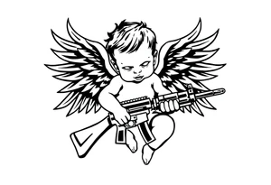 a baby angel with wings holding an Ak-47 tattoo idea