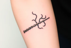 A Death Eater wand with a twisted bone-like structure, emitting dark magical tendrils tattoo idea