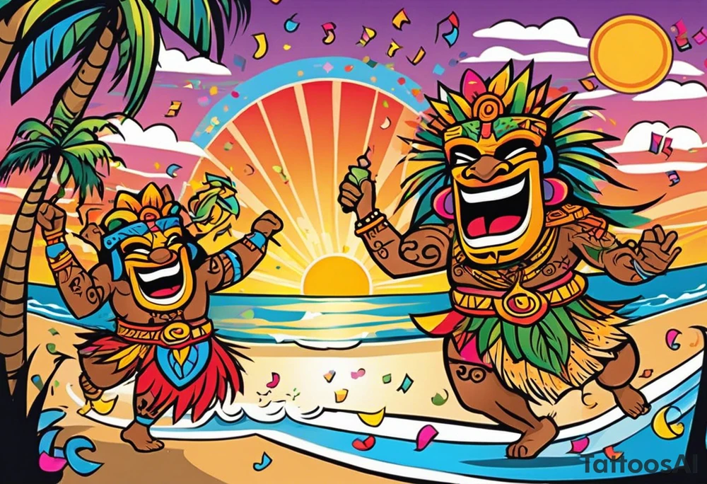 dancing tiki gods dance party on the beach with a sunset in the center of the image with confetti and music notes tattoo idea