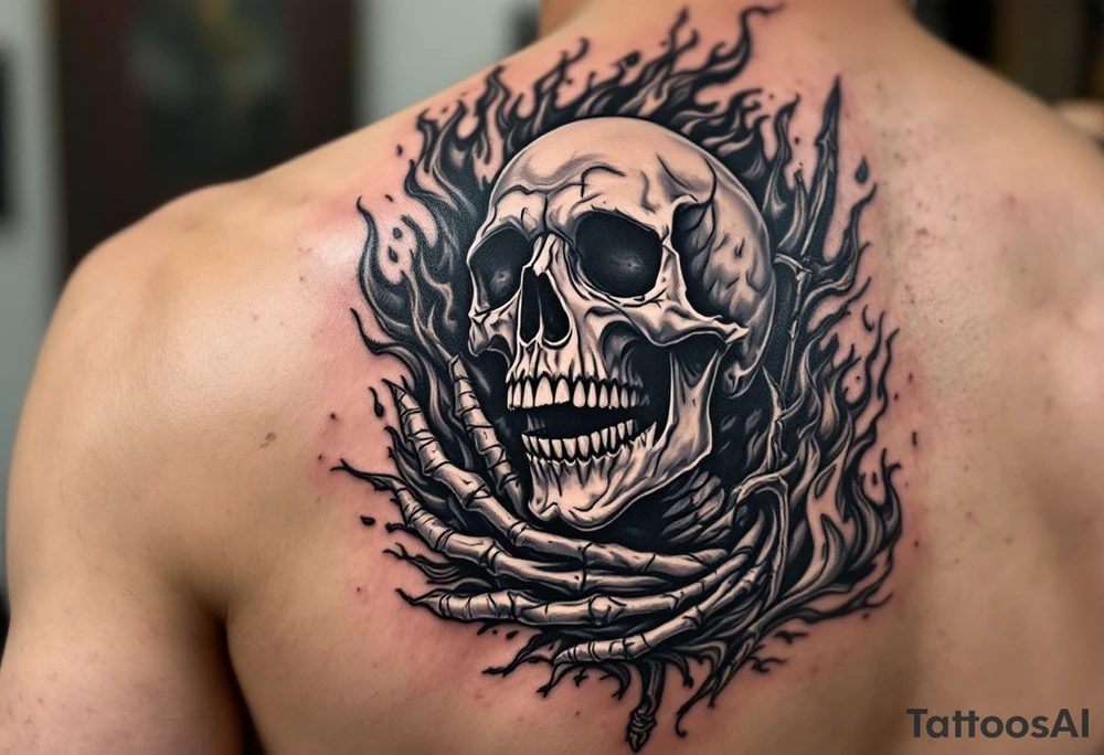 laughing skeleton with a trident, surrounded by fire and water tattoo idea