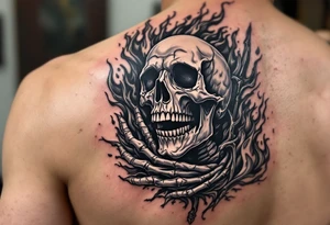 laughing skeleton with a trident, surrounded by fire and water tattoo idea