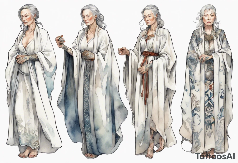 platinum Nordic woman in her 40s wearing white medieval robe tattoo idea