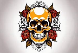 traditional Knee tattoo in fall colors showing a large skull with a rose  in the style of Jonathan Shaw tattoo idea