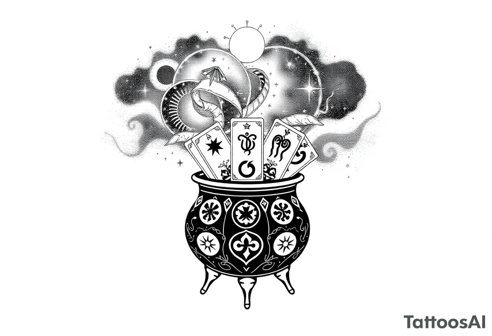 Milky way galaxy filled with zodiac symbols runes tarot cards coming out of a cauldron tattoo idea