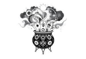 Milky way galaxy filled with zodiac symbols runes tarot cards coming out of a cauldron tattoo idea