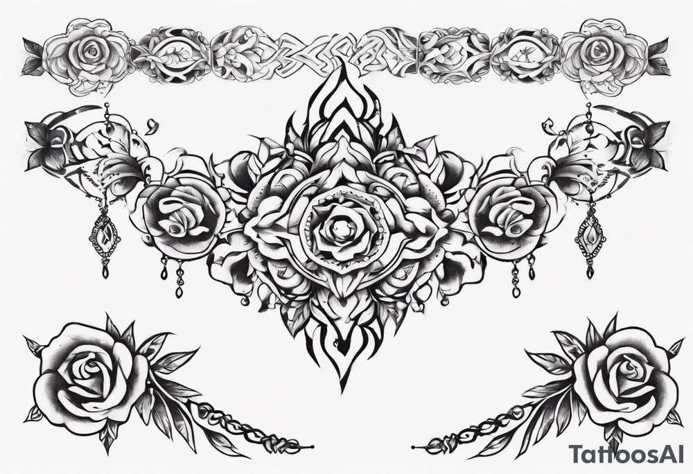 Ankle bracelet tattoo with ornamental feminine style and larger in the centre tattoo idea