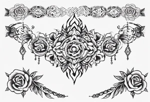 Ankle bracelet tattoo with ornamental feminine style and larger in the centre tattoo idea