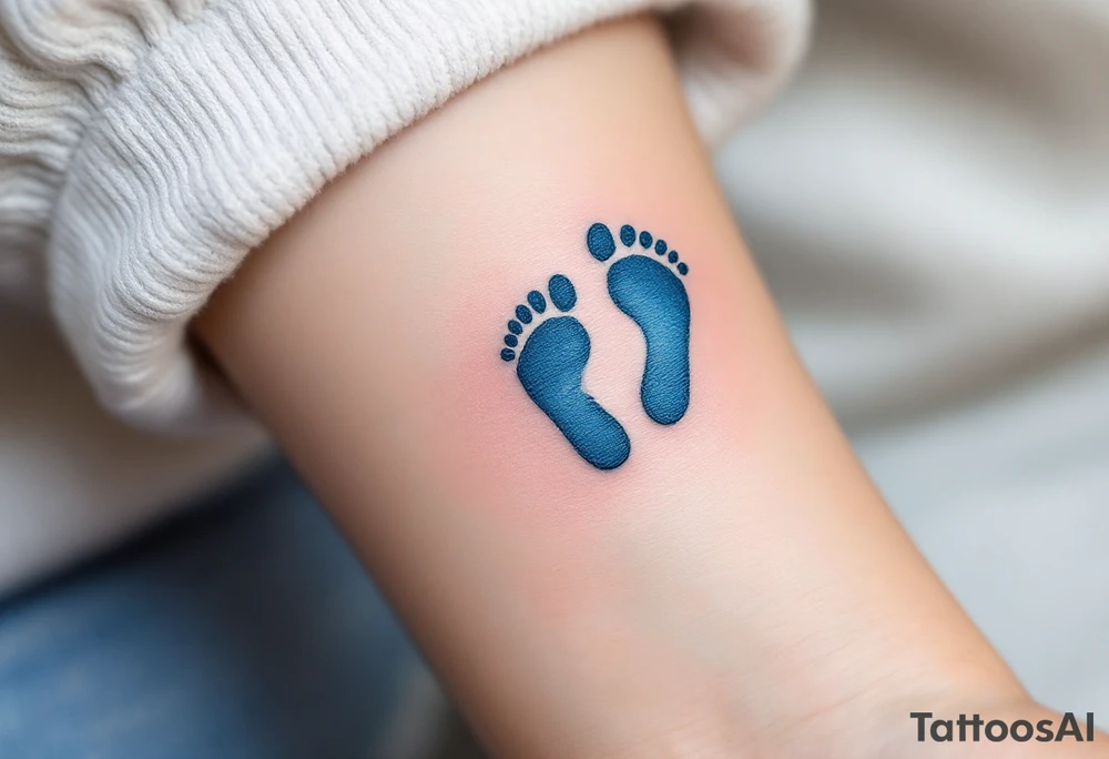 A pair of tiny blue footprints with the son's name in elegant black script beneath. tattoo idea