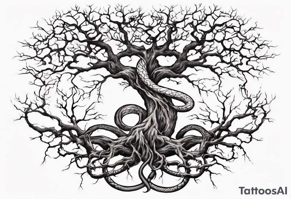 a bare tree with a serpent weaving through the tree roots tattoo idea