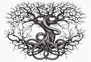 a bare tree with a serpent weaving through the tree roots tattoo idea