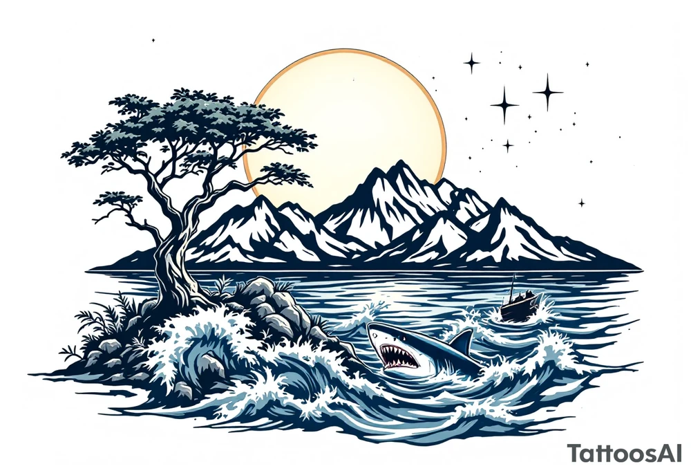 tattoo that has an acacia tree with mountains, ocean with a ship wreck with sharks and the northern star tattoo idea