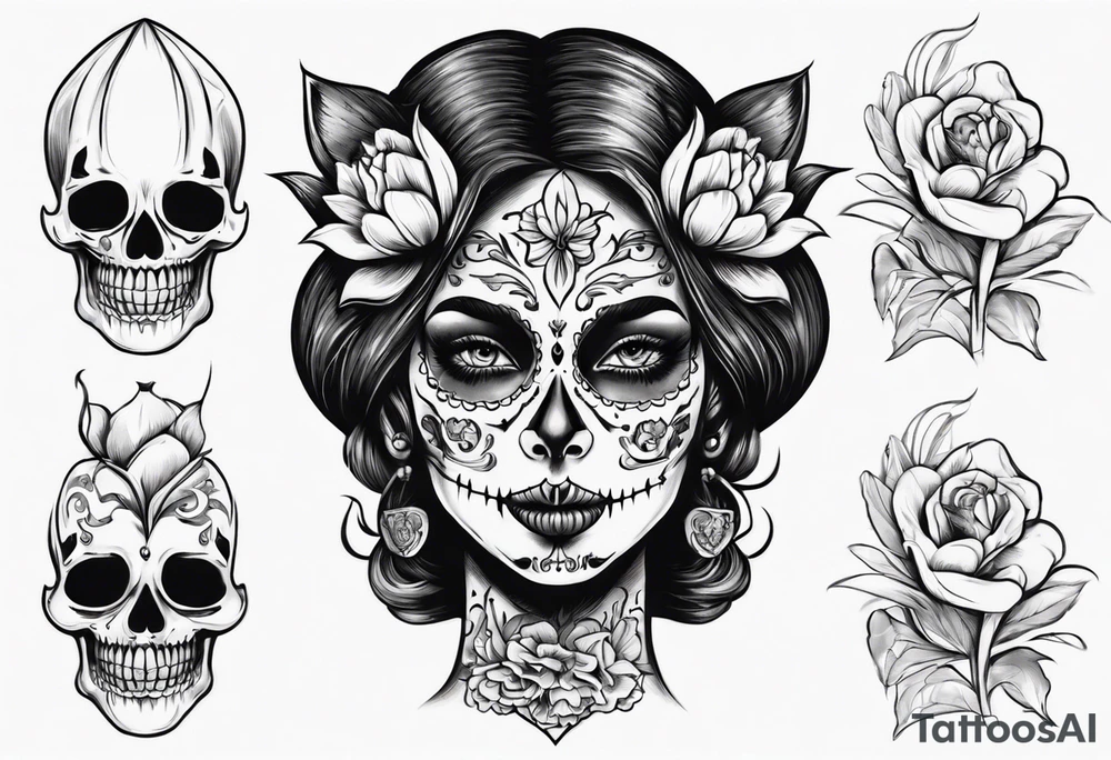 Catrina head with dutch tulip between teeth, from side tattoo idea Catrina head with dutch tulip between teeth, from side tattoo idea