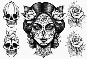 Catrina head with dutch tulip between teeth, from side tattoo idea