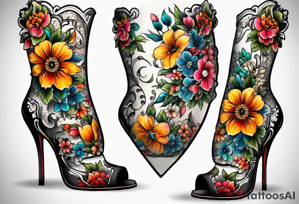 Floral leg piece with beading and lace tattoo idea. colorful, old school flowers, highly detailed, florals. white background. intricate highly detailed, tattoo idea