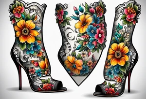 Floral leg piece with beading and lace tattoo idea. colorful, old school flowers, highly detailed, florals. white background. intricate highly detailed, tattoo idea