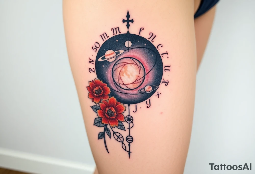 Milky way galaxy with planets with zodiac symbols and protection runes in it with red roses and sunflowers tattoo idea