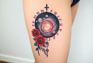 Milky way galaxy with planets with zodiac symbols and protection runes in it with red roses and sunflowers tattoo idea